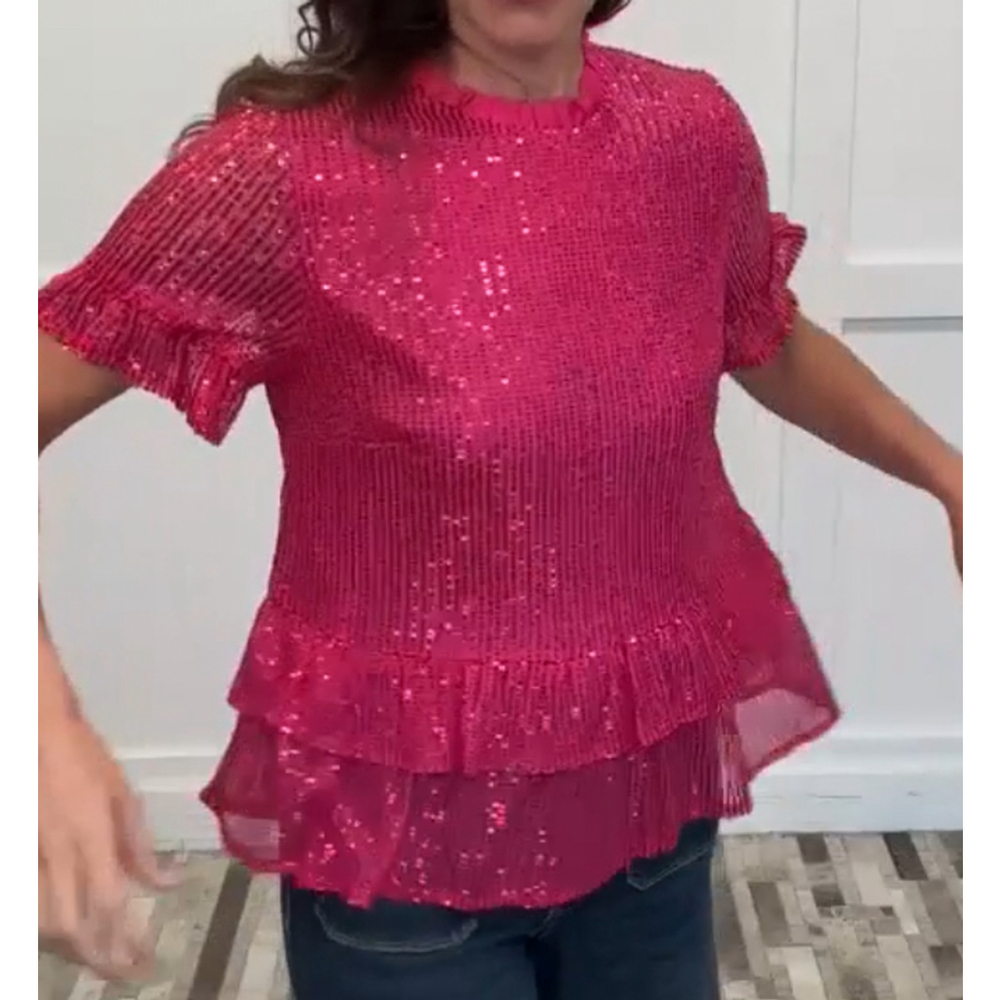 Women's Andre by Unit Hot Pink Sequin Ruffle Blouse Size L - Picture 4 of 6